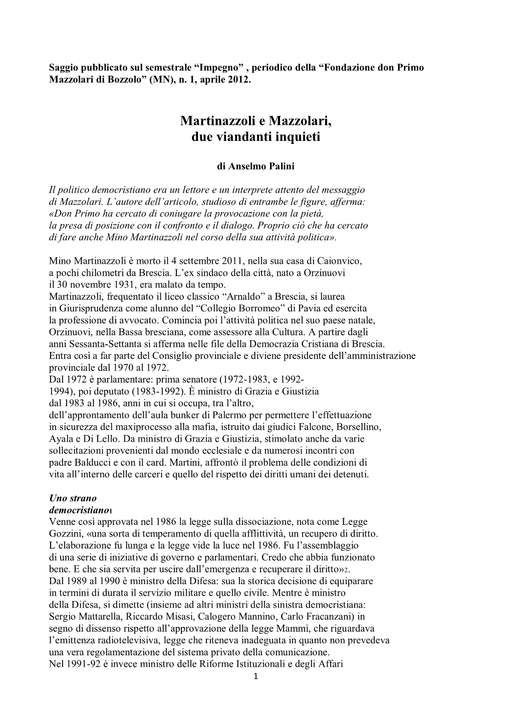 Martinazzoli E Mazzolari, Due Viandanti Inquieti