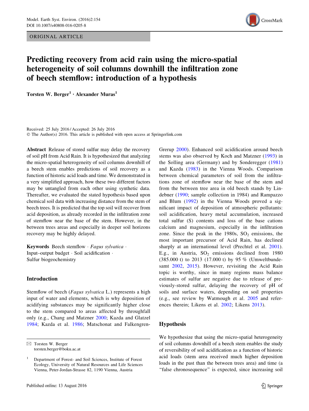 Predicting Recovery from Acid Rain Using the Micro-Spatial Heterogeneity of Soil Columns Downhill the Inﬁltration Zone of Beech Stemﬂow: Introduction of a Hypothesis