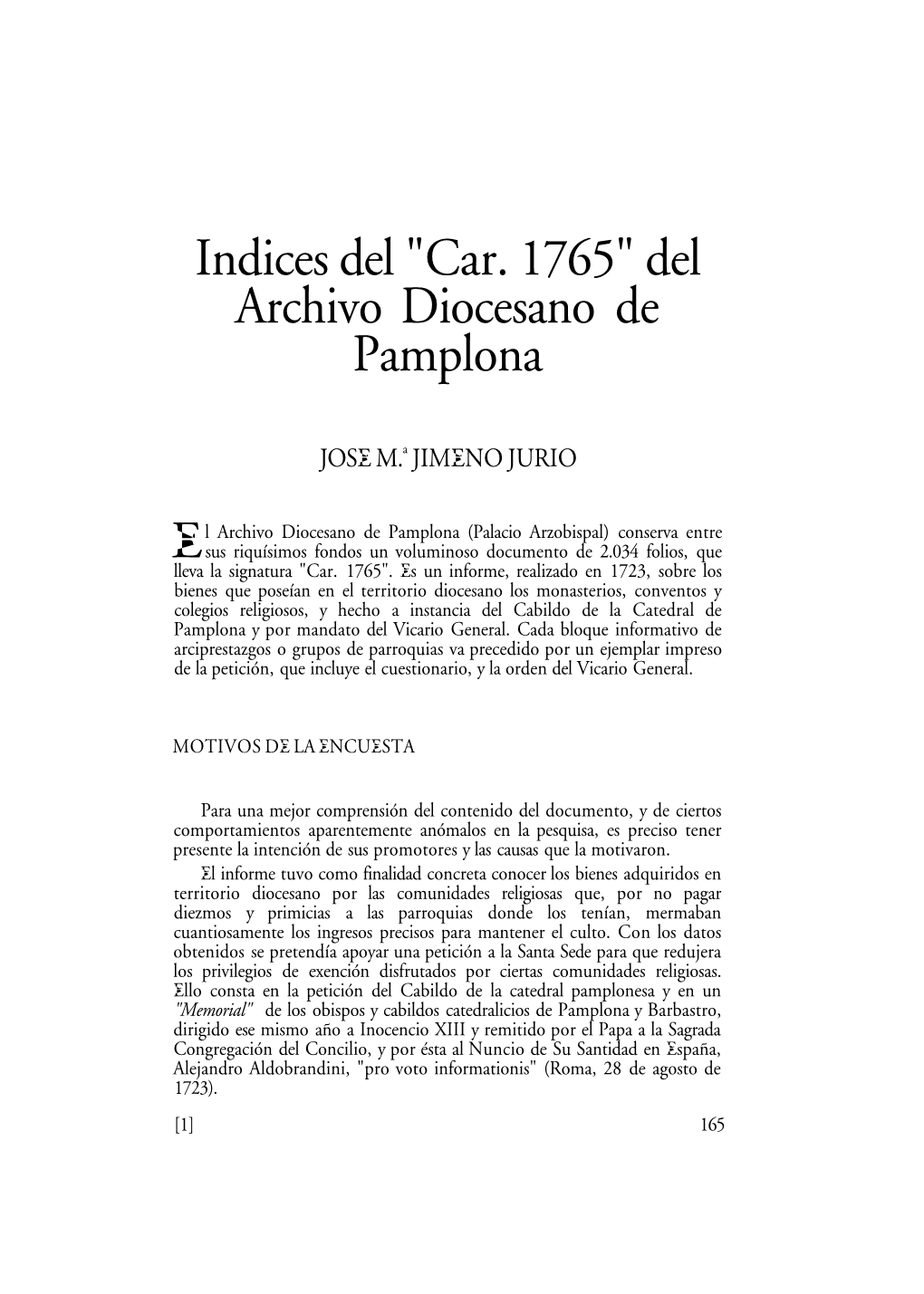 Índices Del" Car. 1765" Del Archivo Diocesano De Pamplona