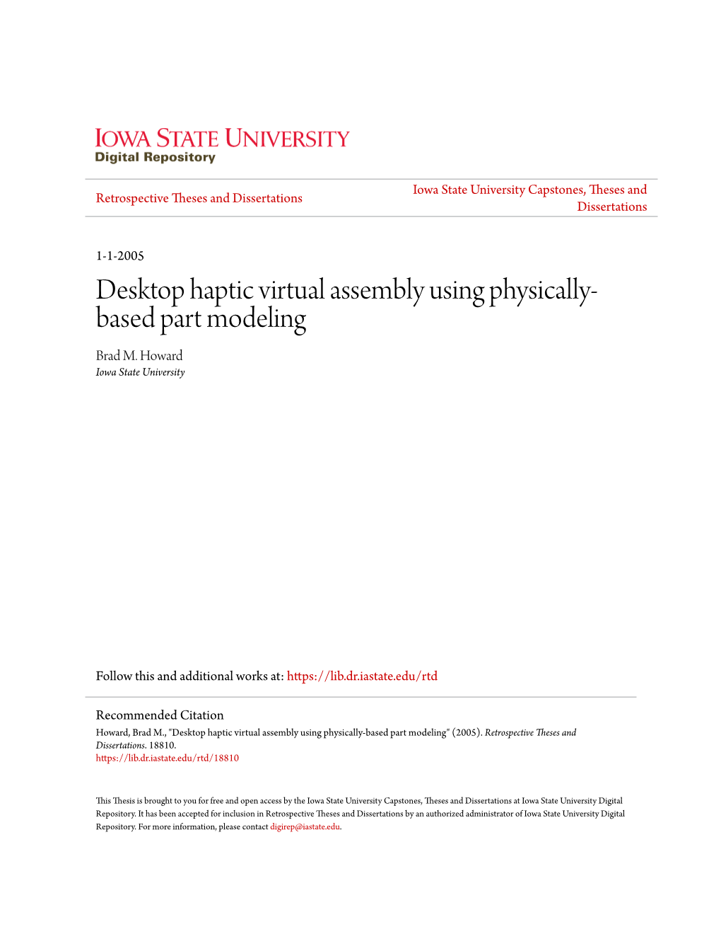 Desktop Haptic Virtual Assembly Using Physically-Based Part Modeling