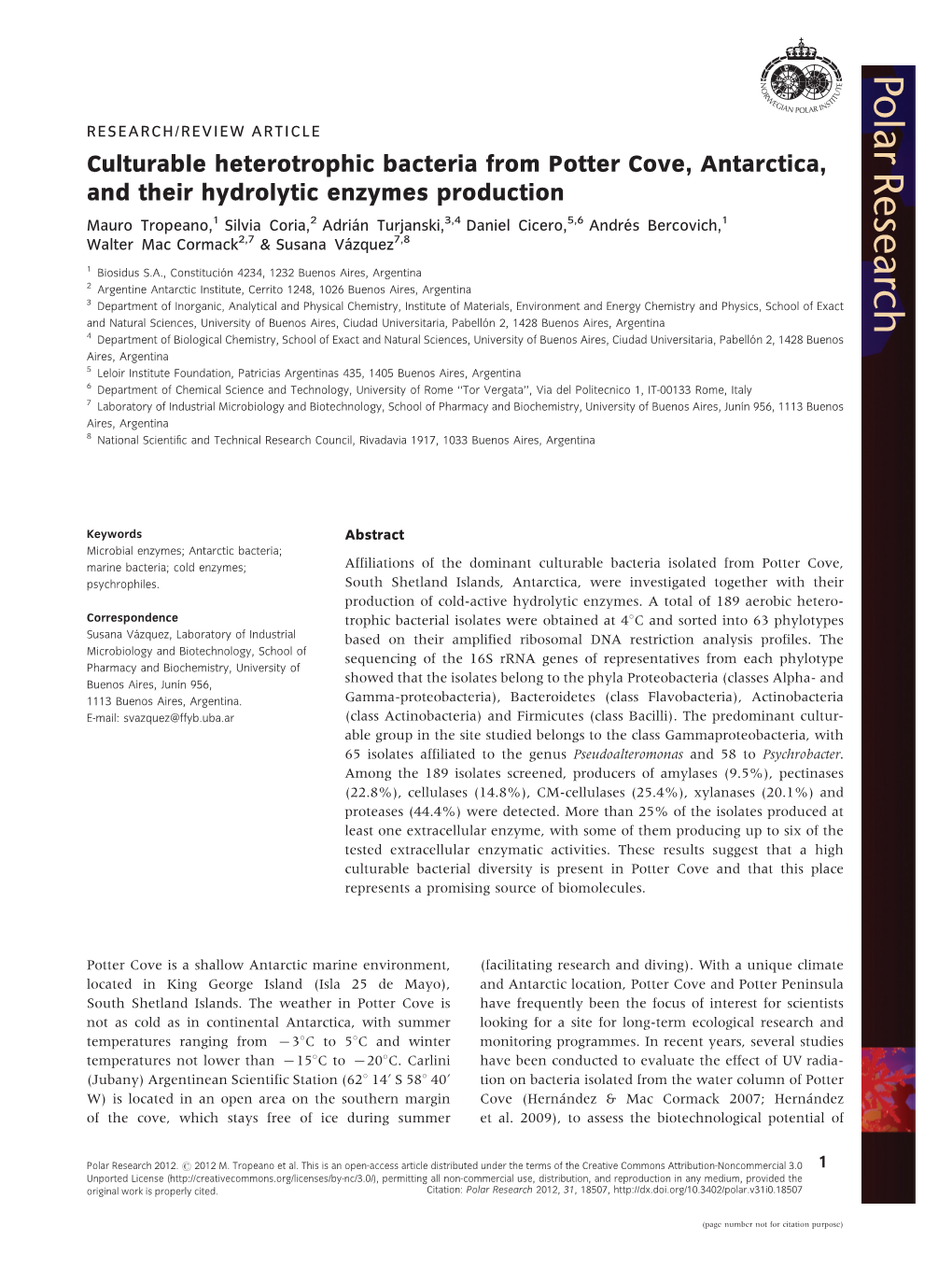 Culturable Heterotrophic Bacteria from Potter Cove, Antarctica, and Their