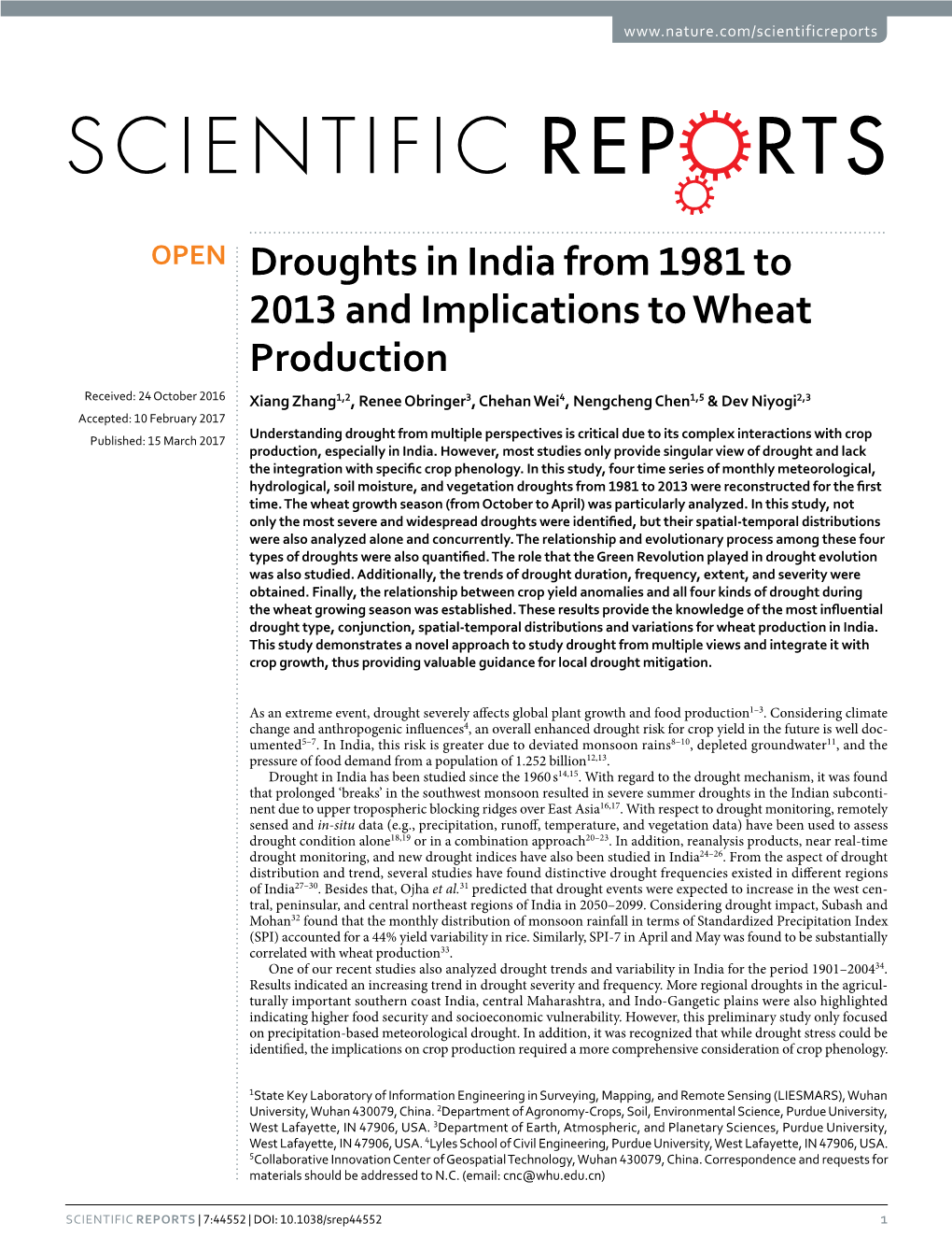 Droughts in India from 1981 to 2013 and Implications to Wheat Production