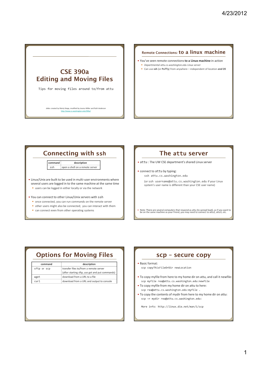 CSE 390A Editing and Moving Files Connecting with Ssh the Attu Server