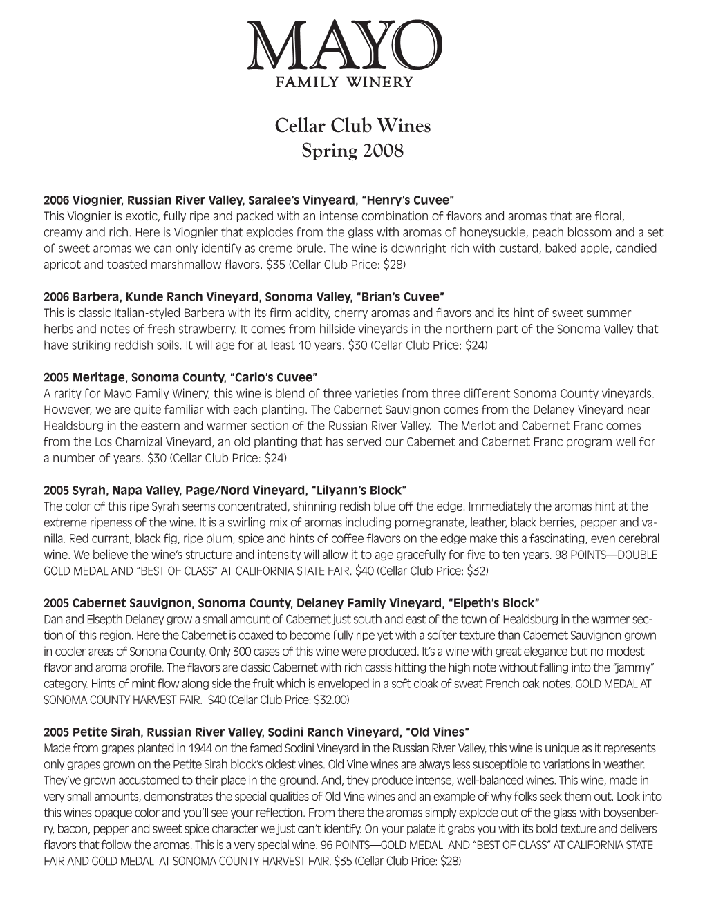 Cellar Club Wines Spring 2008