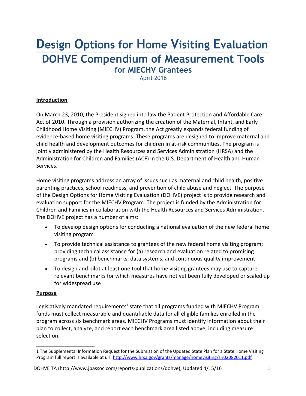 DOHVE Compendium Of Measurement Tools For MIECHV Grantees - April 2016