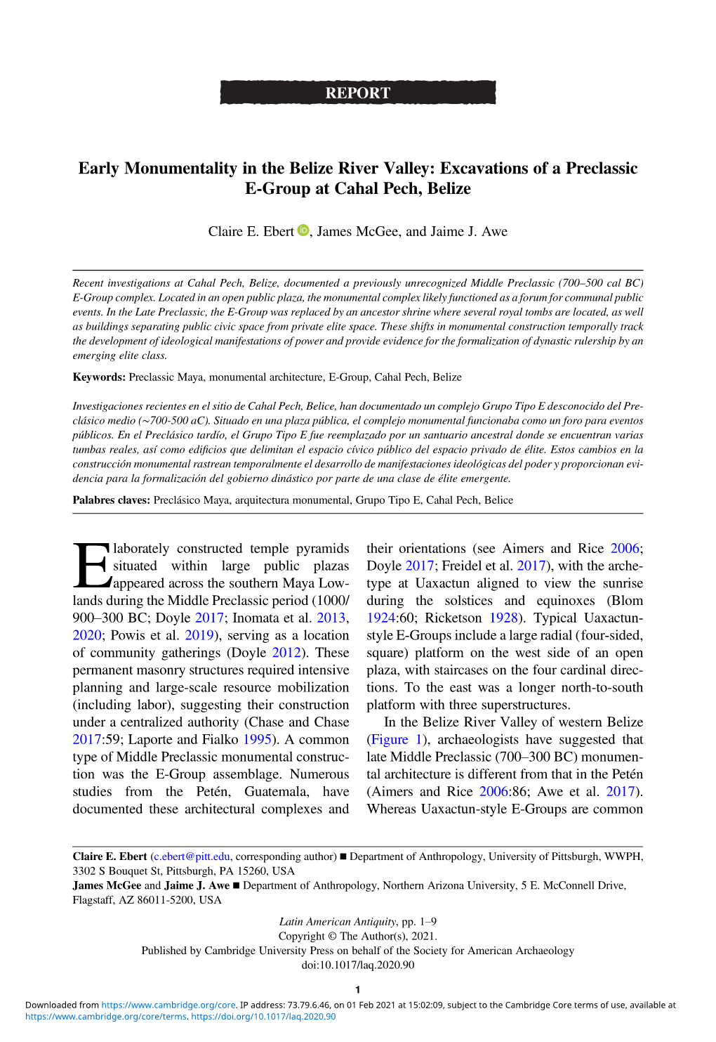 Early Monumentality in the Belize River Valley: Excavations of a Preclassic E-Group at Cahal Pech, Belize