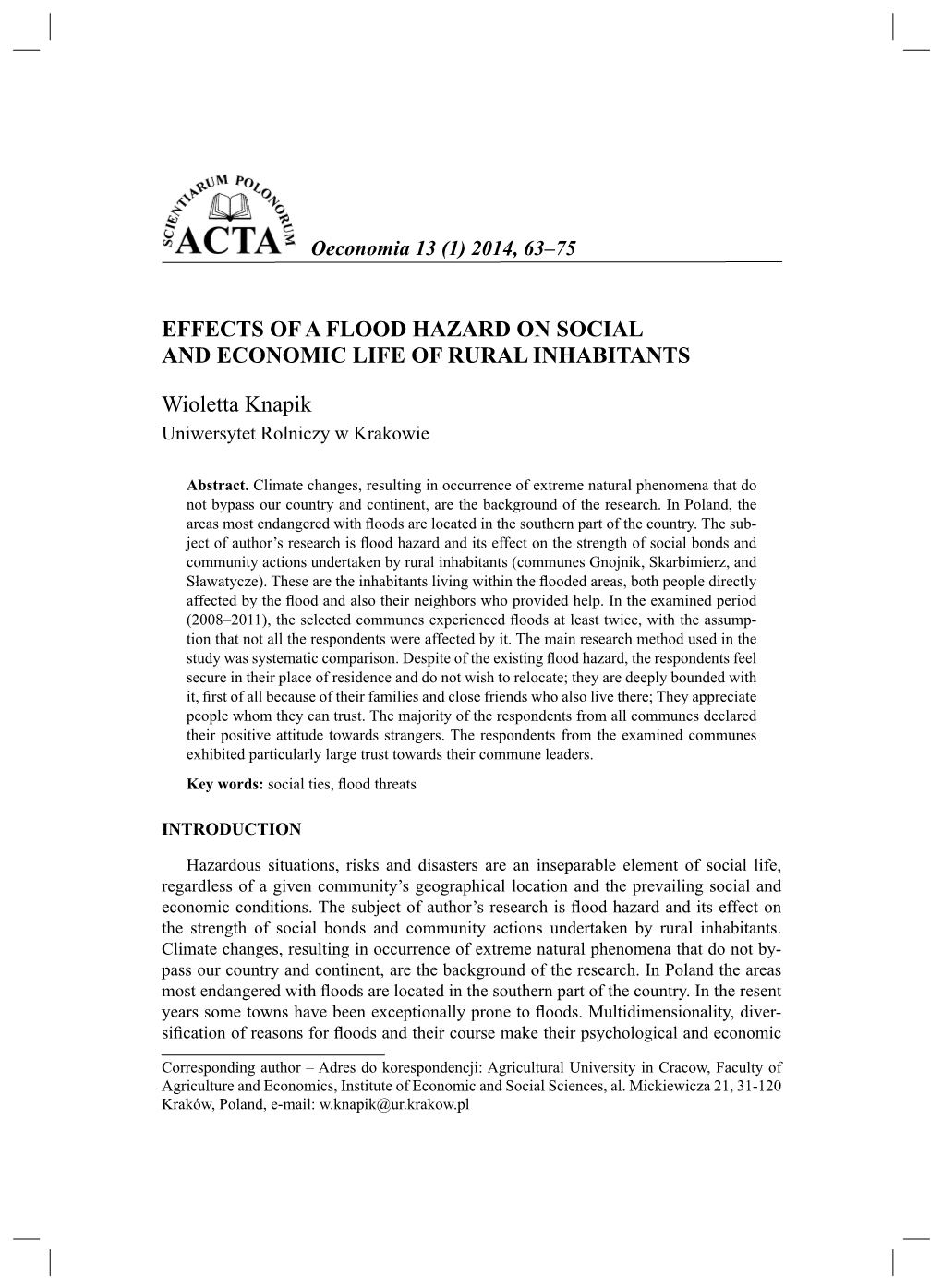 Effects of a Flood Hazard on Social and Economic Life of Rural Inhabitants