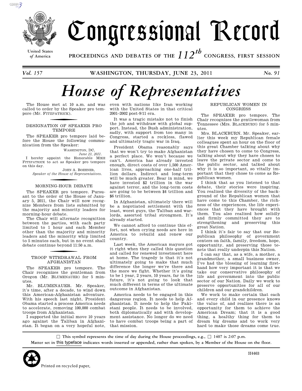 Congressional Record United States Th of America PROCEEDINGS and DEBATES of the 112 CONGRESS, FIRST SESSION