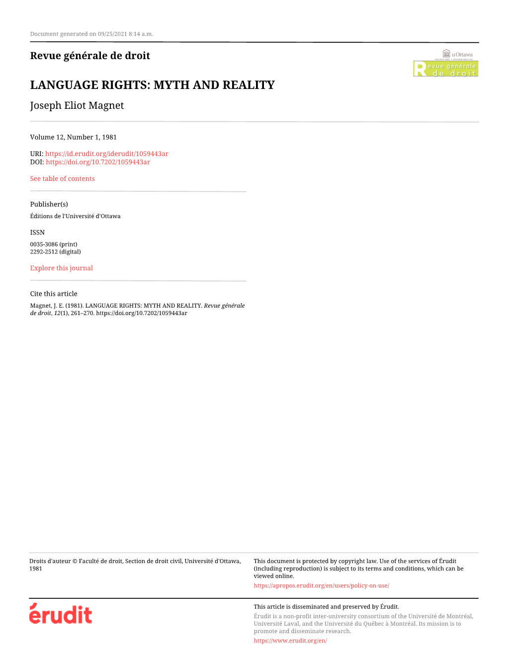 LANGUAGE RIGHTS: MYTH and REALITY Joseph Eliot Magnet