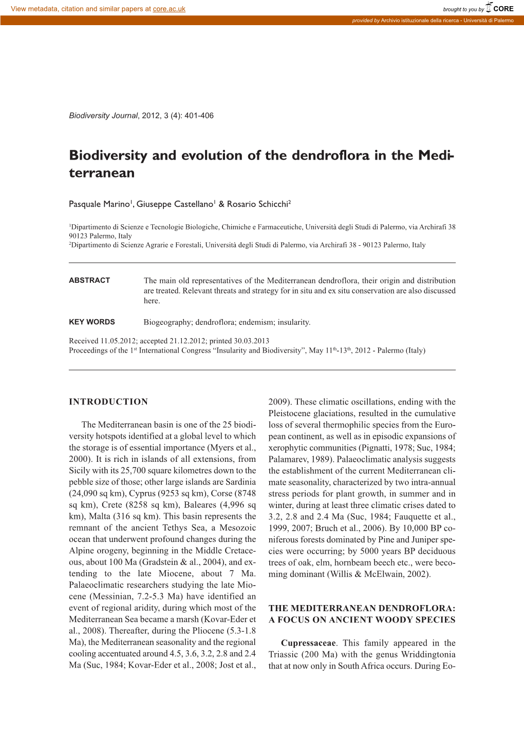 Biodiversity and Evolution of the Dendroflora in the Medi- Terranean