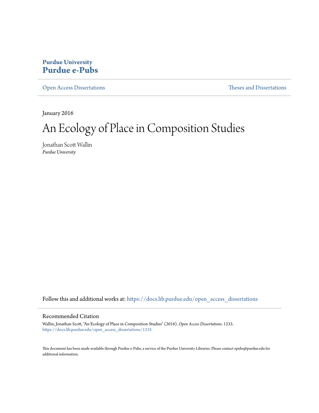 An Ecology of Place in Composition Studies Jonathan Scott Alw Lin Purdue University