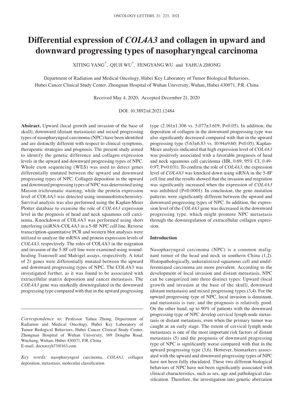 Differential Expression of COL4A3 and Collagen in Upward and Downward Progressing Types of Nasopharyngeal Carcinoma