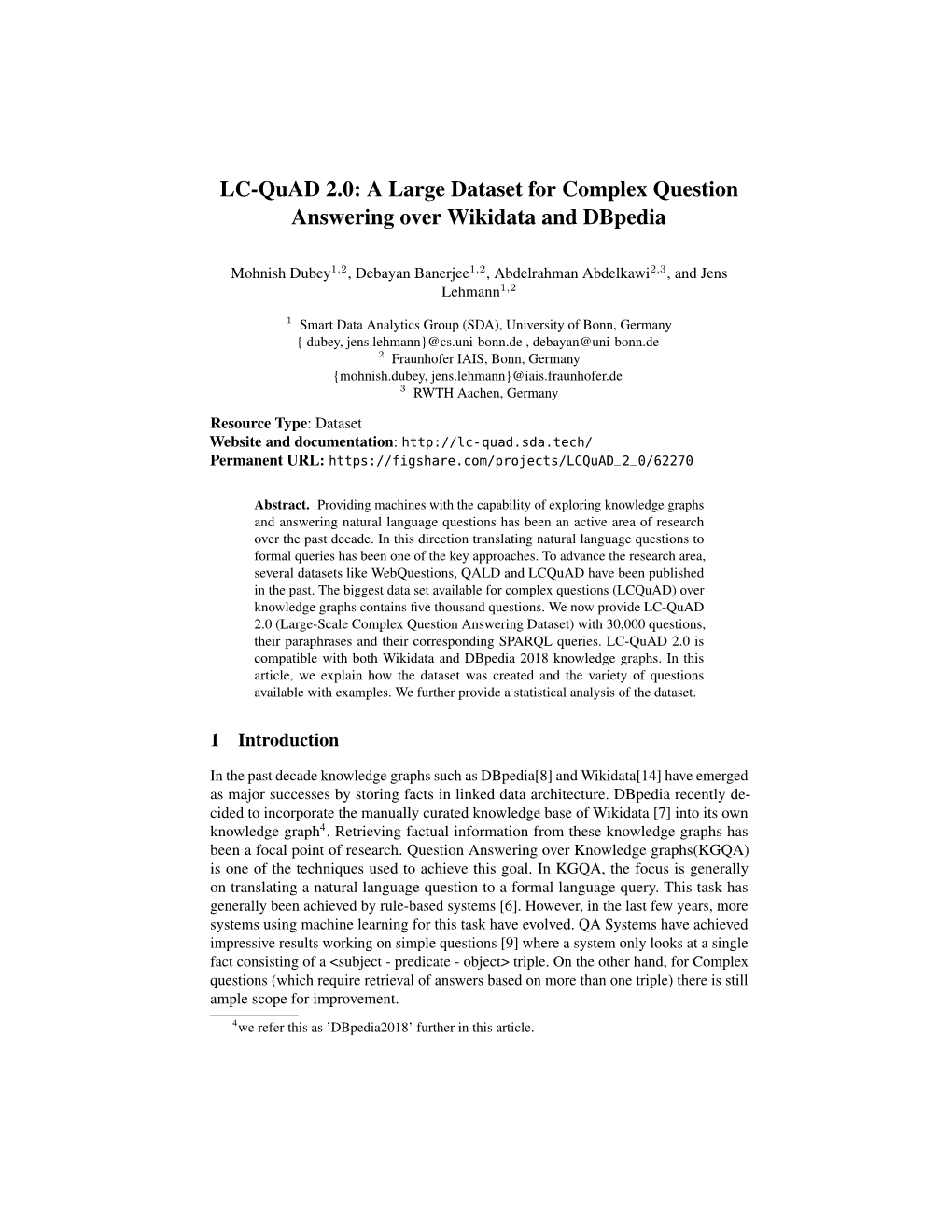 LC-Quad 2.0: a Large Dataset for Complex Question Answering Over Wikidata and Dbpedia