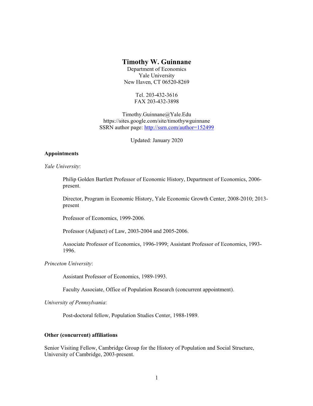 Timothy W. Guinnane Department of Economics Yale University New Haven, CT 06520-8269