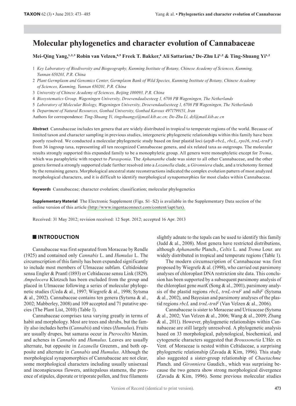 Molecular Phylogenetics and Character Evolution of Cannabaceae