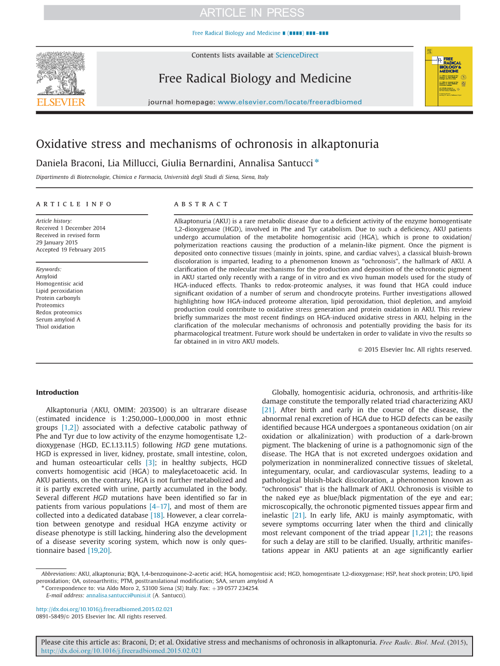Oxidative Stress and Mechanisms of Ochronosis in Alkaptonuria