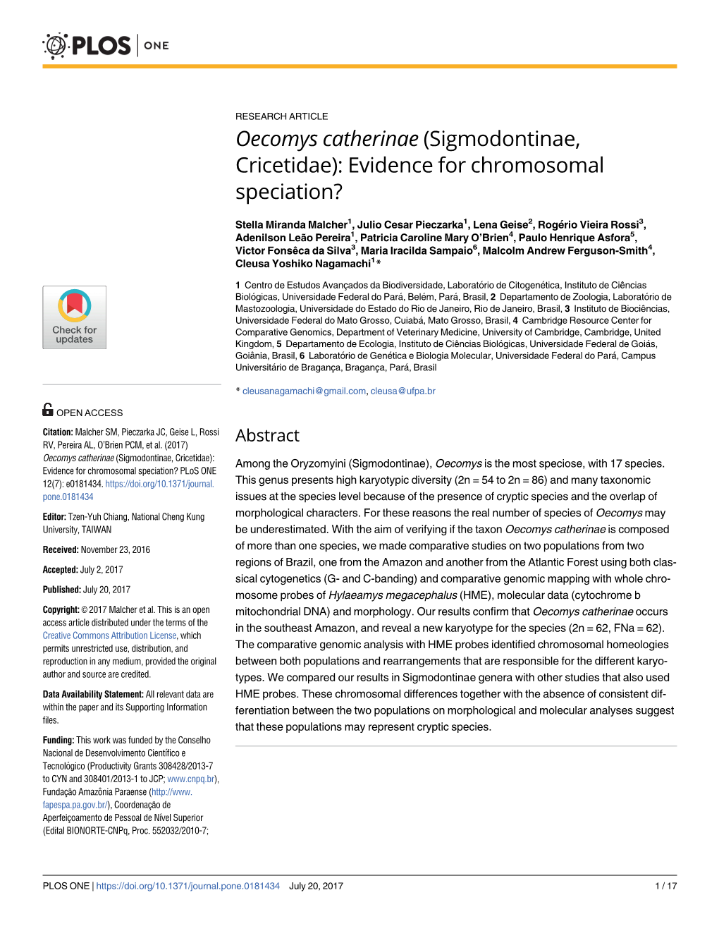 Oecomys Catherinae (Sigmodontinae, Cricetidae): Evidence for Chromosomal Speciation?