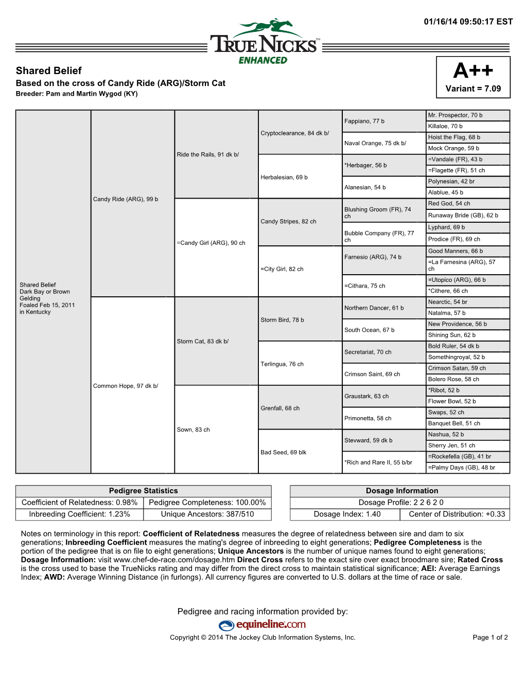 Shared Belief A++ Based on the Cross of Candy Ride (ARG)/Storm Cat Variant = 7.09 Breeder: Pam and Martin Wygod (KY)