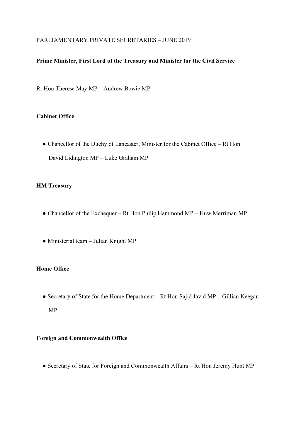 Parliamentary Private Secretaries: June 2019