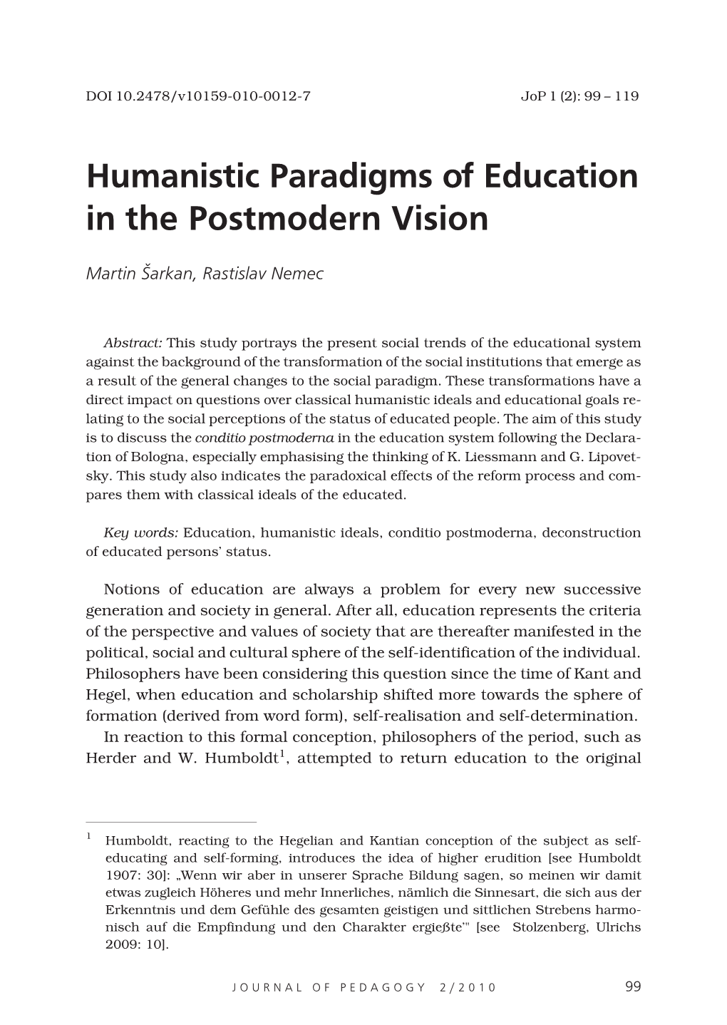 Humanistic Paradigms of Education in the Postmodern Vision