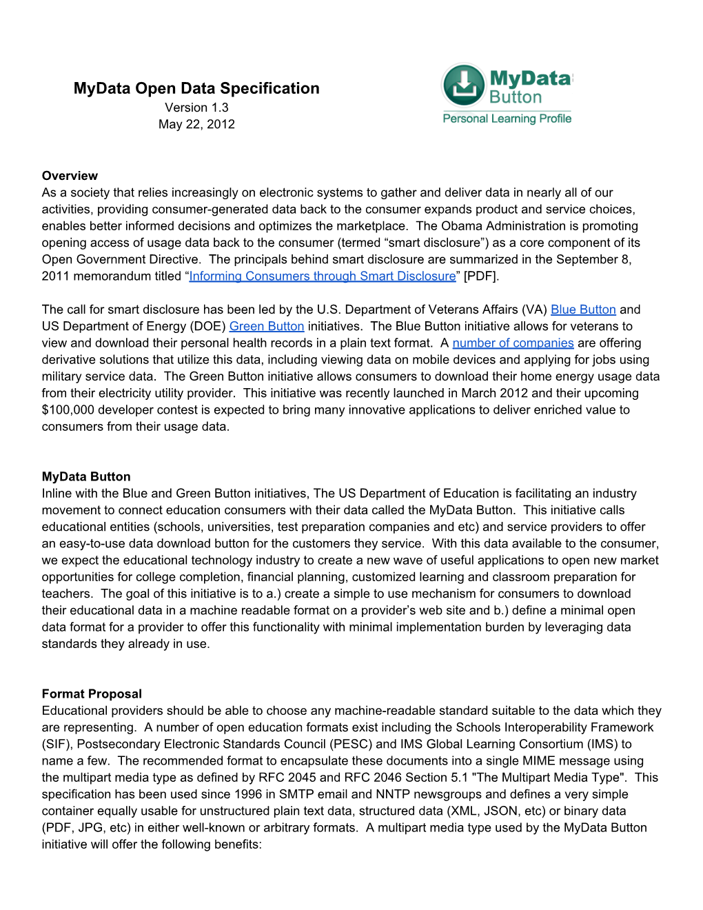 Mydata Open Data Specification Version 1.3 May 22, 2012