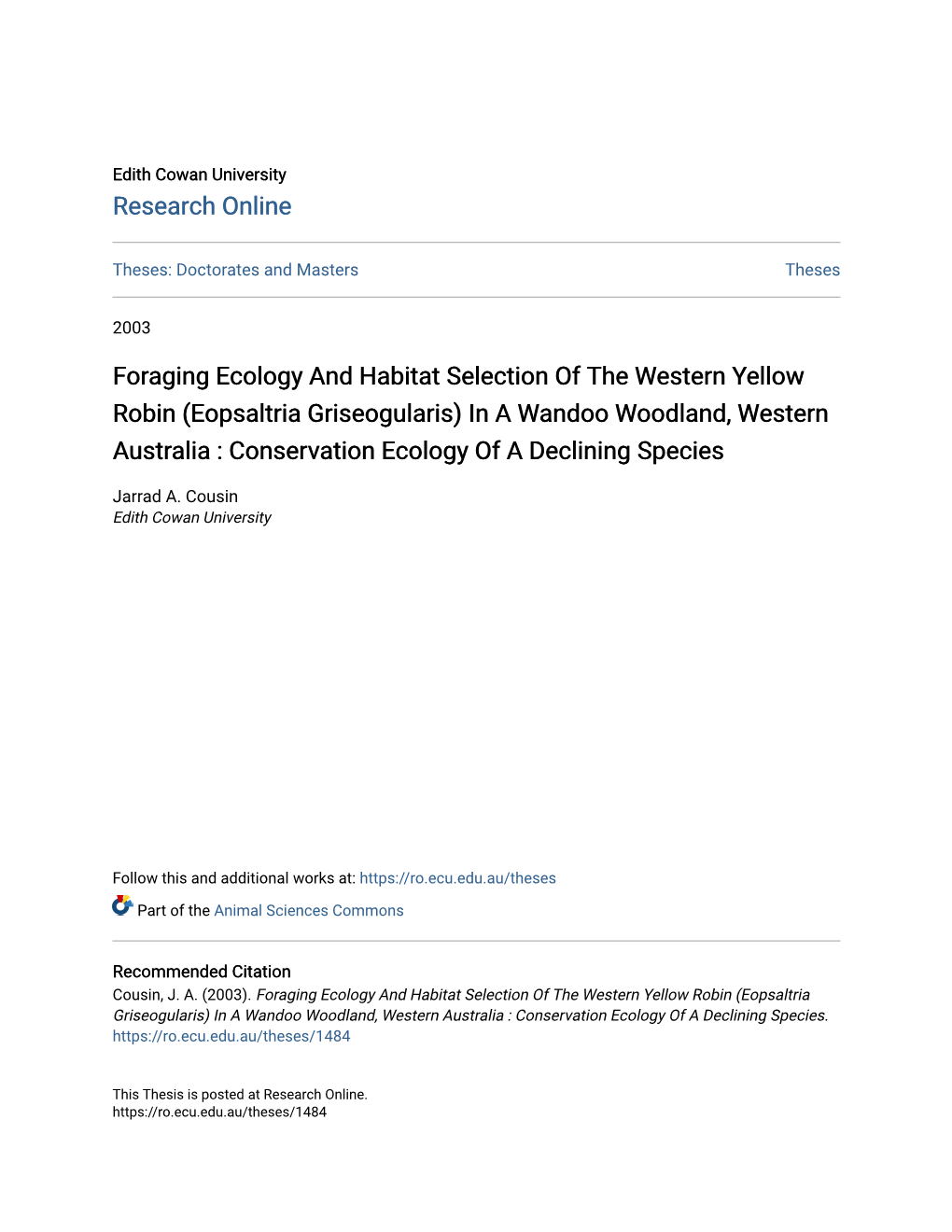 Foraging Ecology and Habitat Selection of the Western Yellow