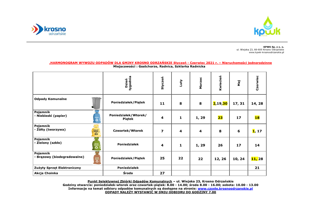 HARMONOGRAM WYWOZU ODPADÓW DLA GMINY KROSNO ODRZAŃSKIE Styczeń - Czerwiec 2021 R