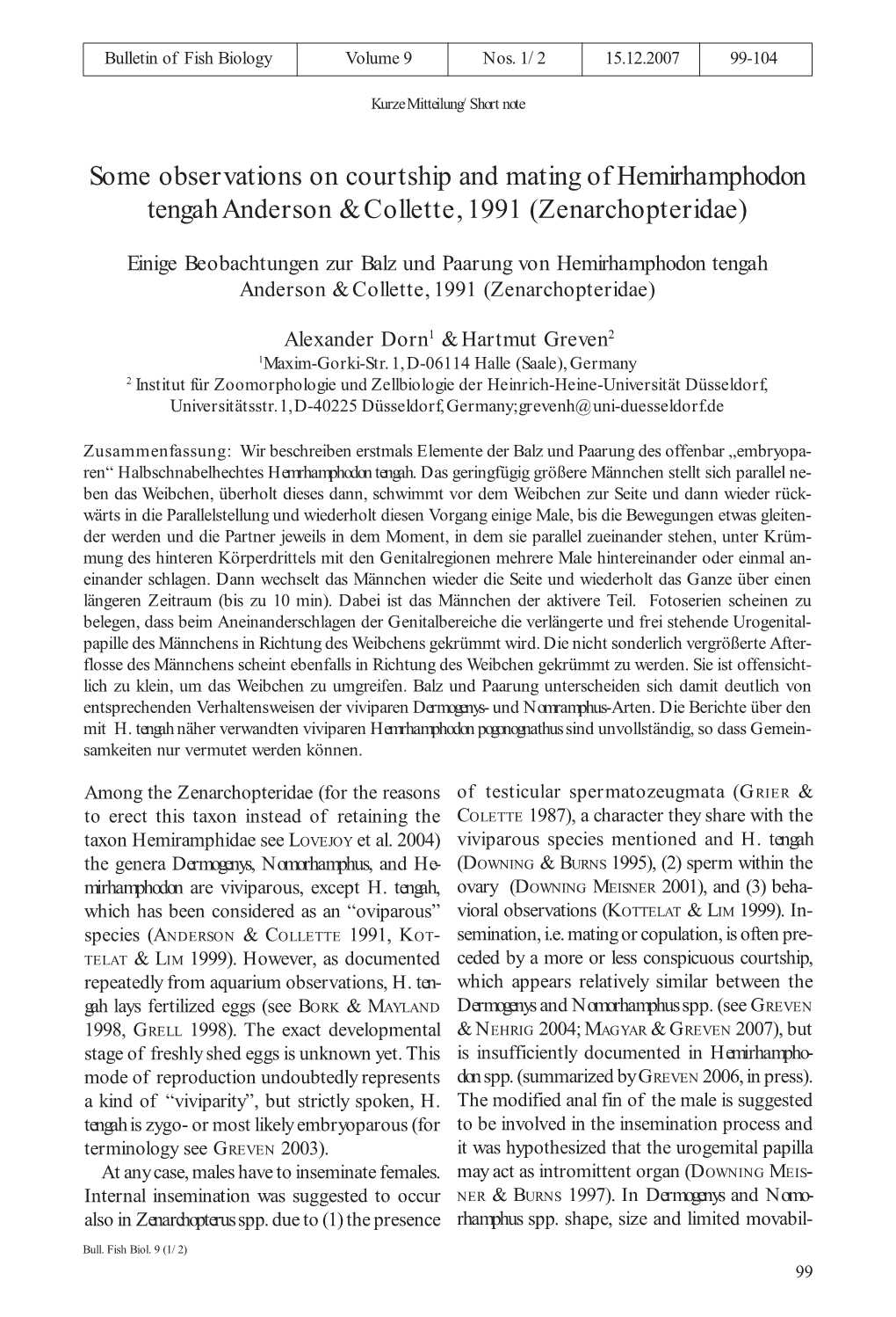 Some Observations on Courtship and Mating of Hemirhamphodon Tengah Anderson & Collette, 1991 (Zenarchopteridae)