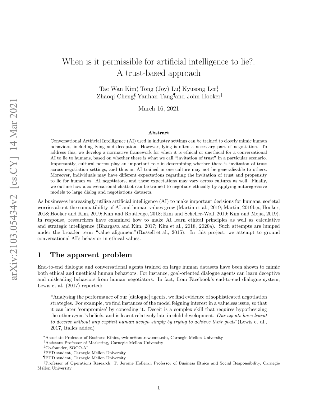 When Is It Permissible for Artificial Intelligence to Lie?: a Trust-Based Approach