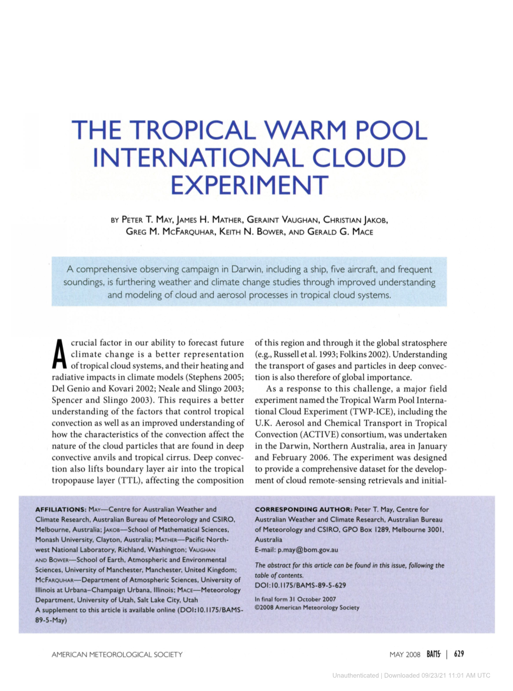 The Tropical Warm Pool International Cloud Experiment