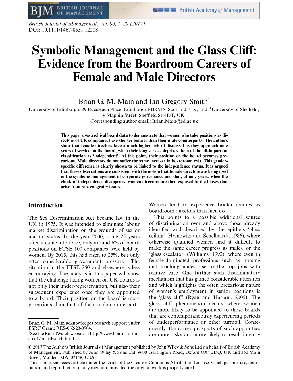 Symbolic Management and the Glass Cliff: Evidence from the Boardroom Careers of Female and Male Directors