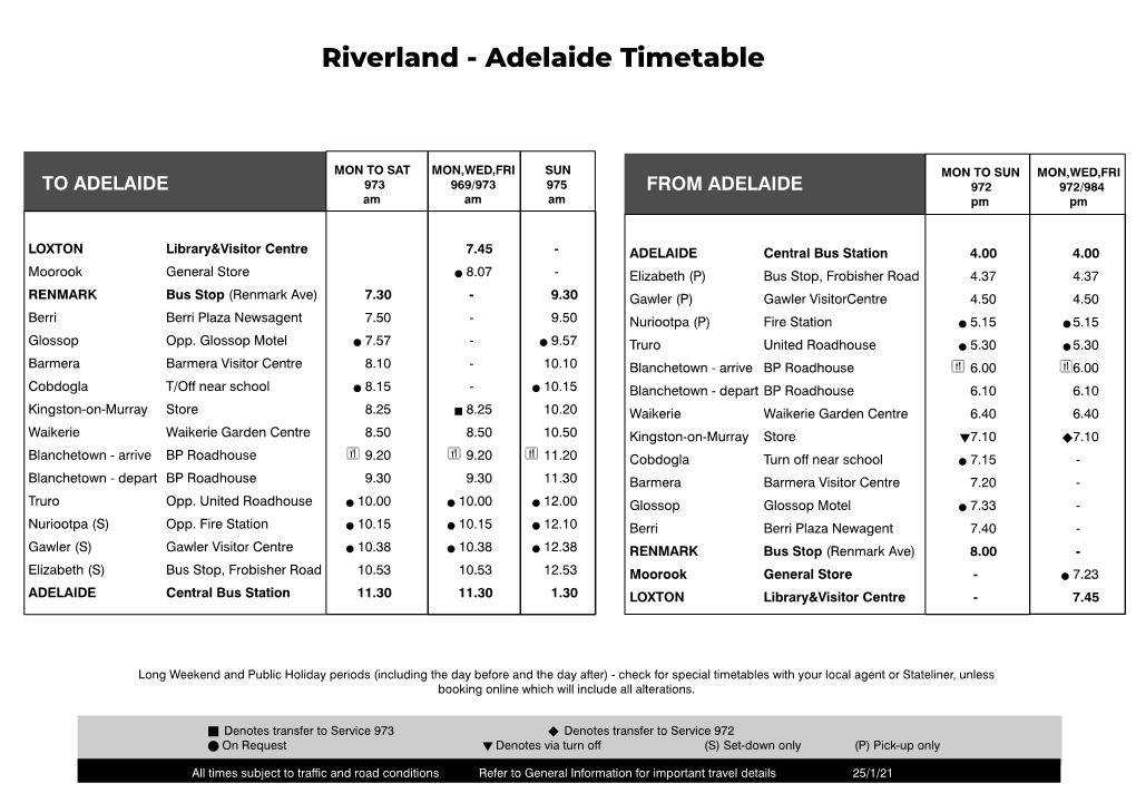 Riverland - Adelaide Timetable