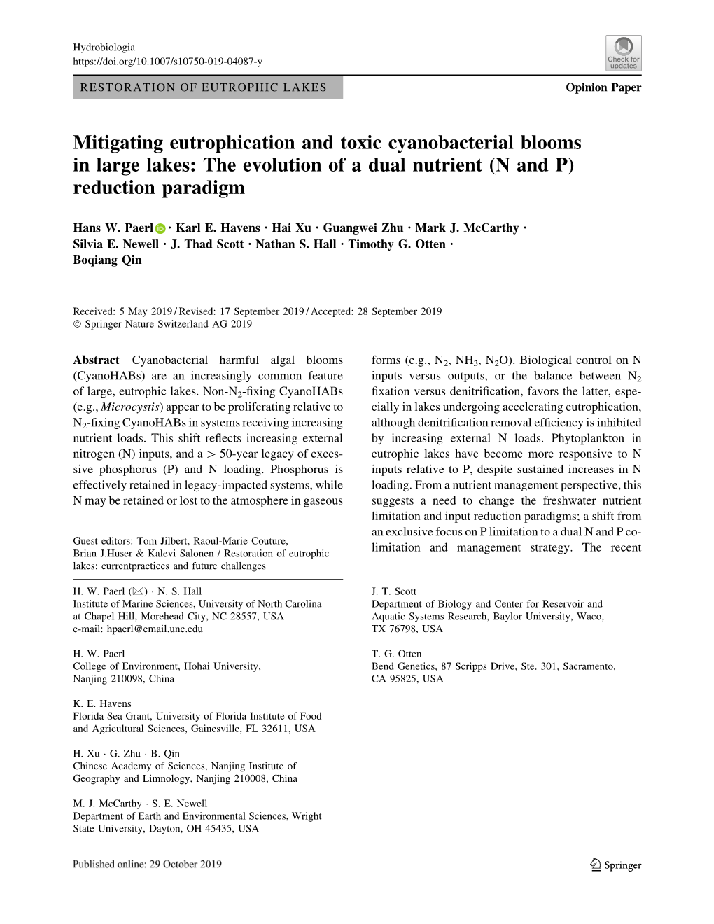 Mitigating Eutrophication and Toxic Cyanobacterial Blooms in Large Lakes: the Evolution of a Dual Nutrient (N and P) Reduction Paradigm