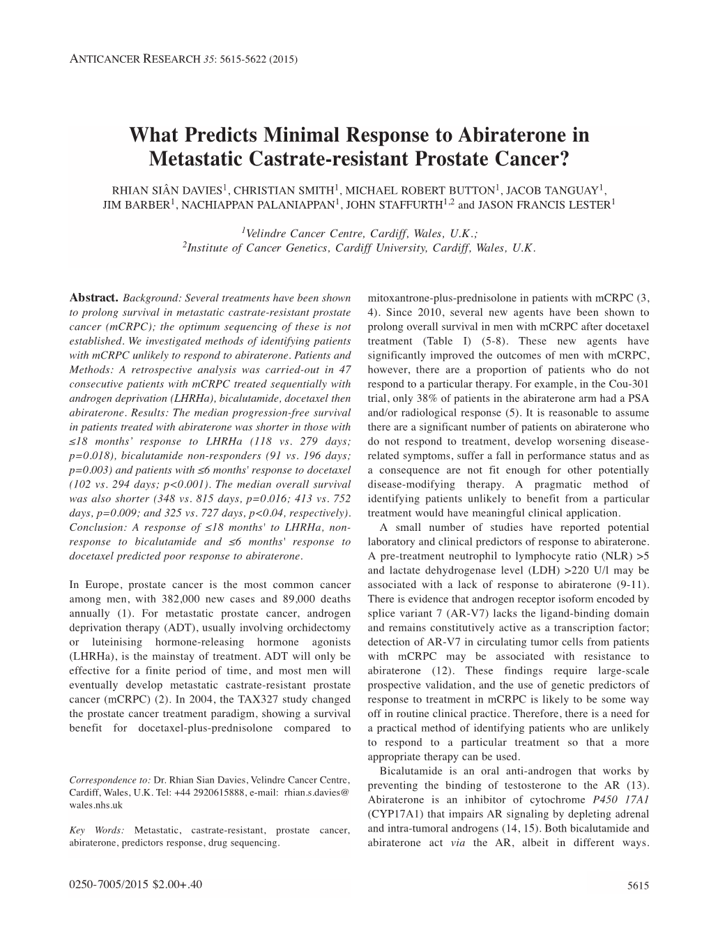 What Predicts Minimal Response to Abiraterone in Metastatic Castrate-Resistant Prostate Cancer?