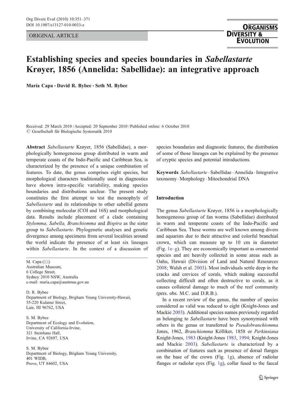 Establishing Species and Species Boundaries in Sabellastarte Krøyer, 1856 (Annelida: Sabellidae): an Integrative Approach