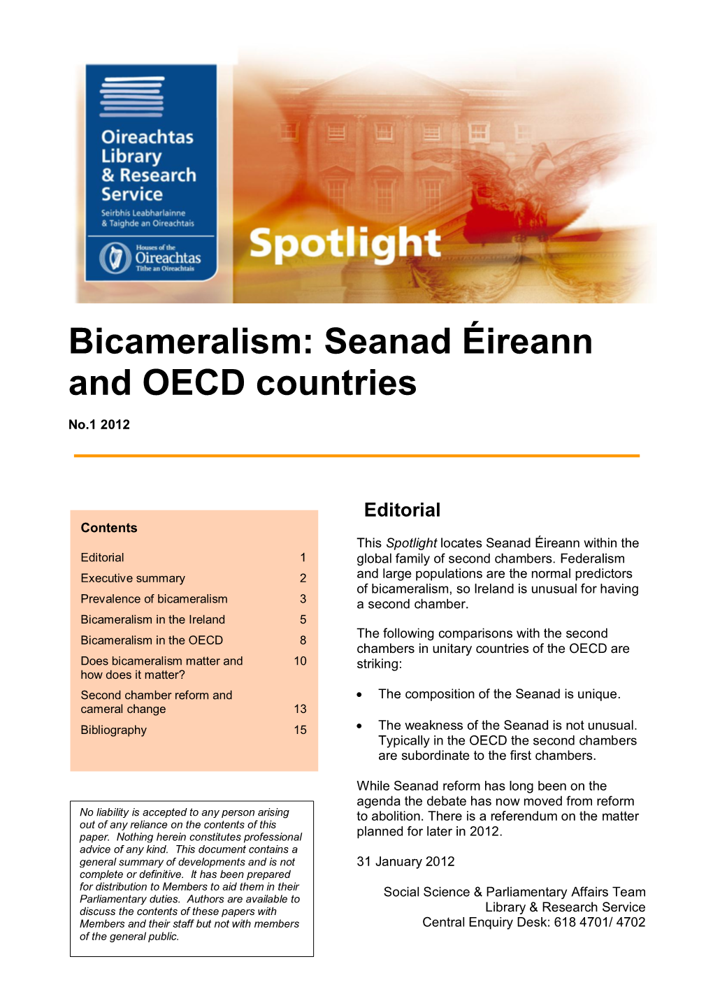 Bicameralism: Seanad Éireann and OECD Countries