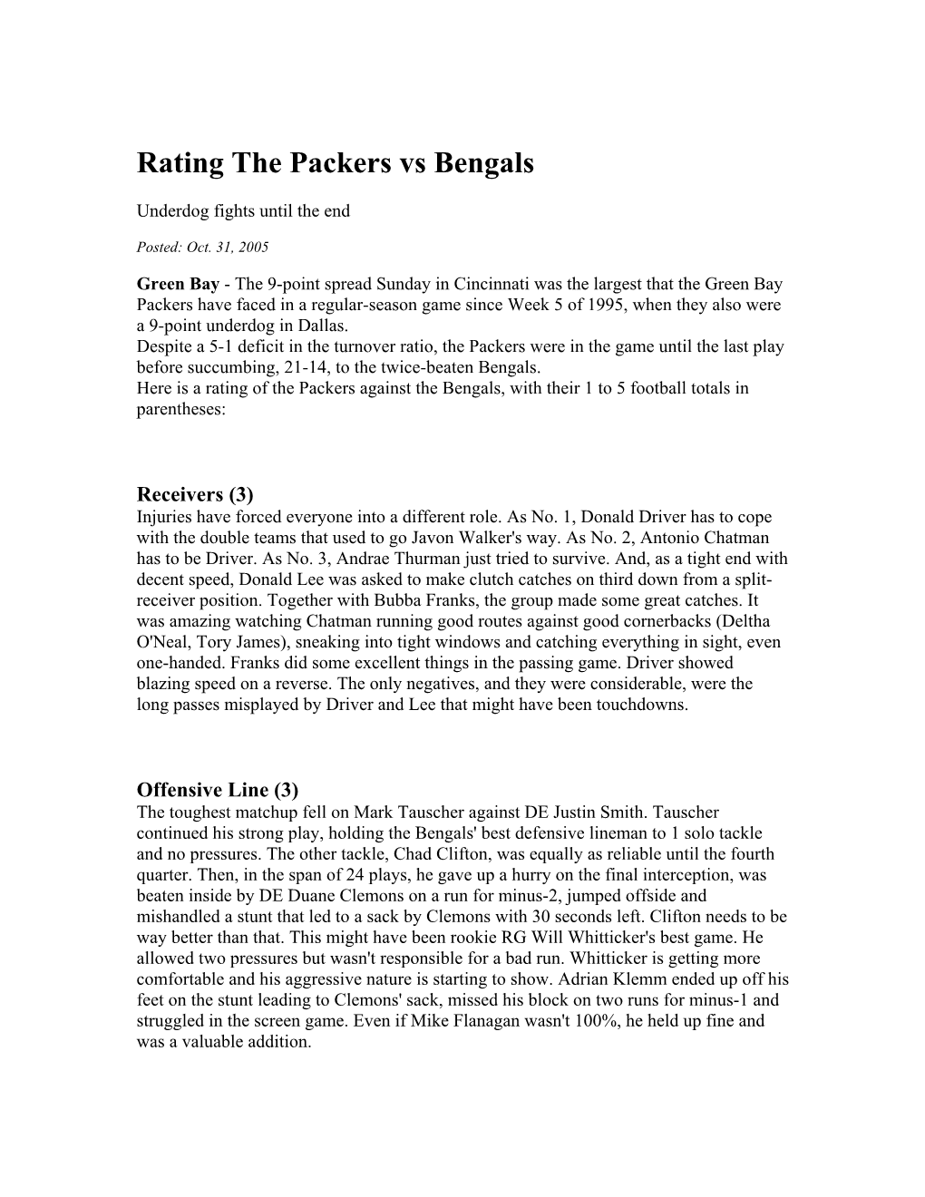 Rating the Packers Vs Bengals