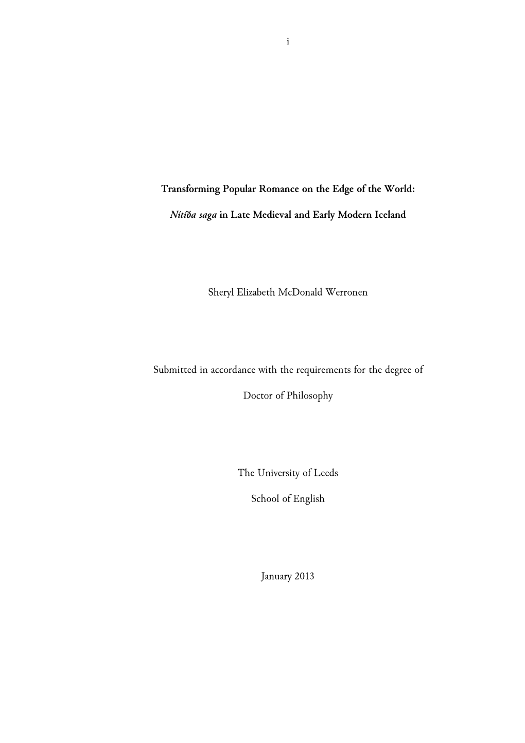 Nítíða Saga in Late Medieval and Early Modern Iceland Sheryl Elizabe