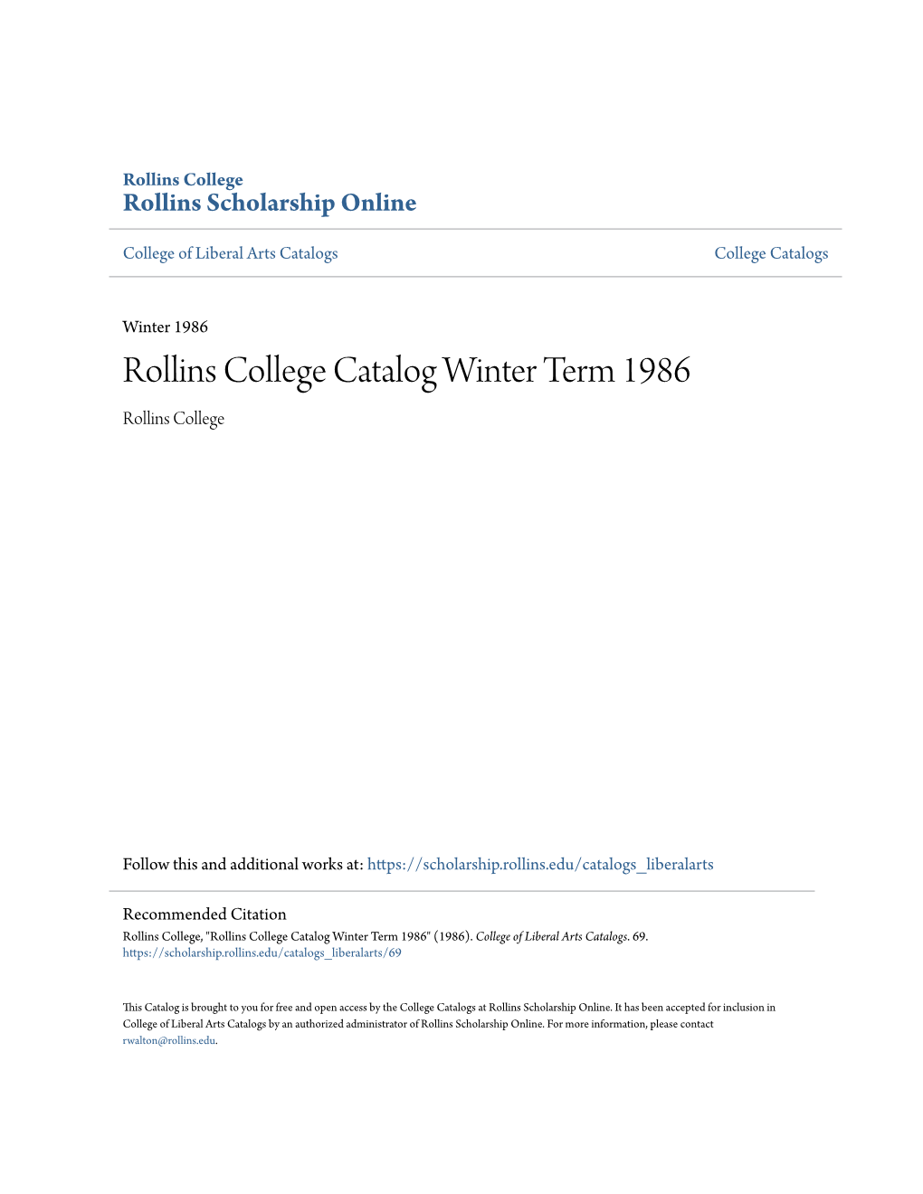 Rollins College Catalog Winter Term 1986 Rollins College