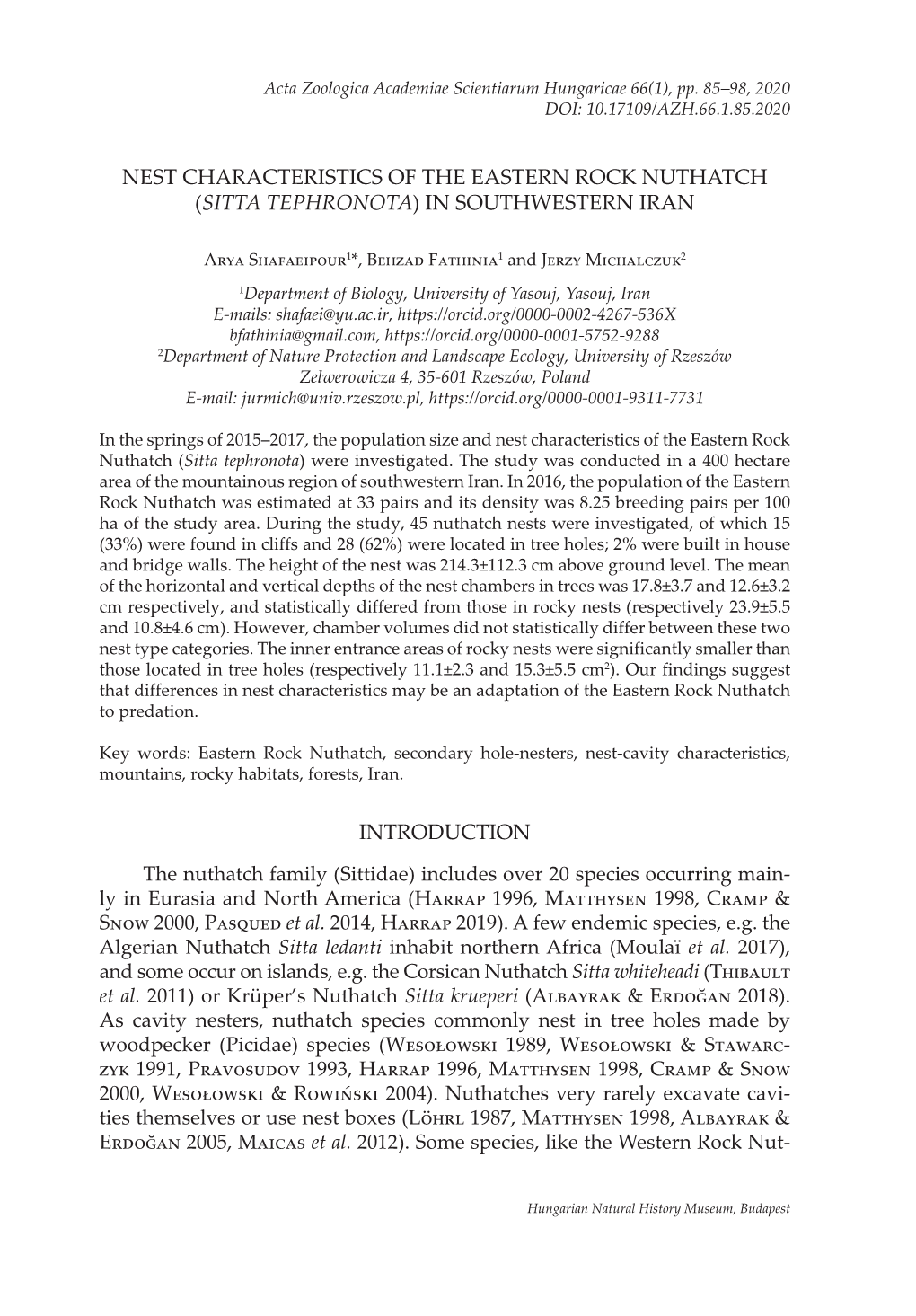 Nest Characteristics of the Eastern Rock Nuthatch (Sitta Tephronota) in Southwestern Iran