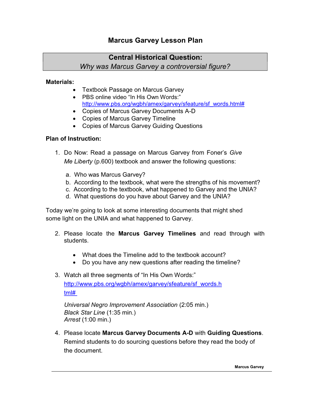 Marcus Garvey Lesson Plan Central Historical Question