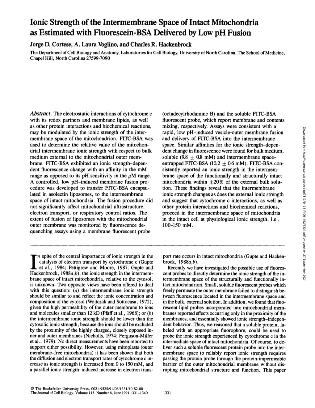 Ionic Strength of the Intermembrane Space of Intact Mitochondria As Estimated with Fluorescein-BSA Delivered by Low Ph Fusion Jorge D