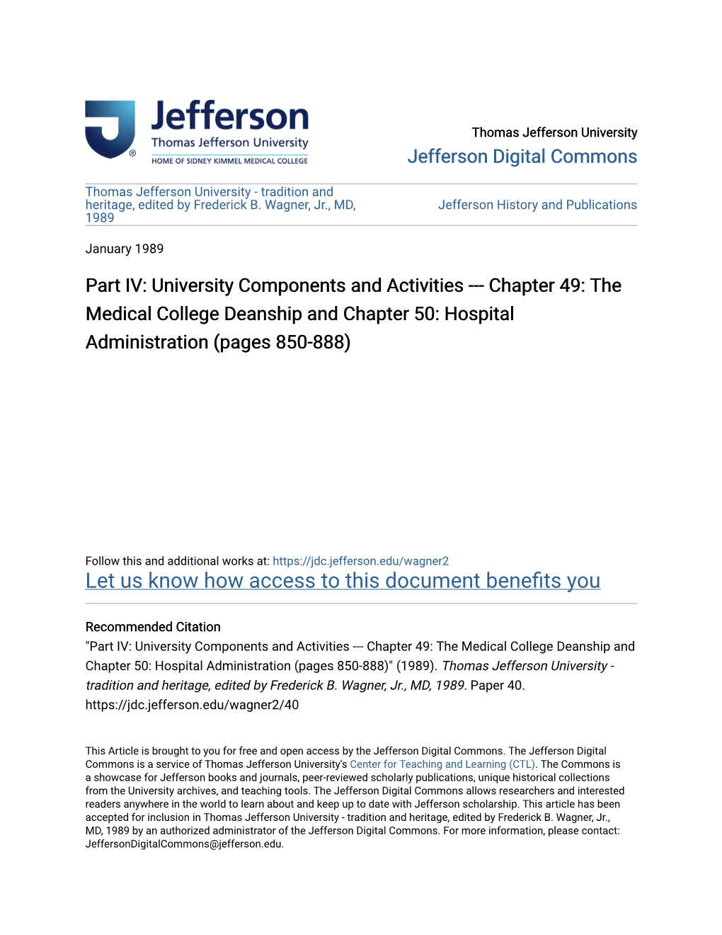 The Medical College Deanship and Chapter 50: Hospital Administration (Pages 850-888)