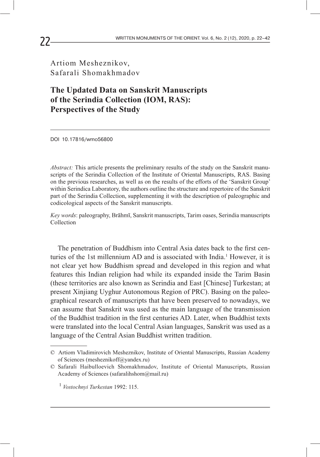 The Updated Data on Sanskrit Manuscripts of the Serindia Collection (IOM, RAS): Perspectives of the Study