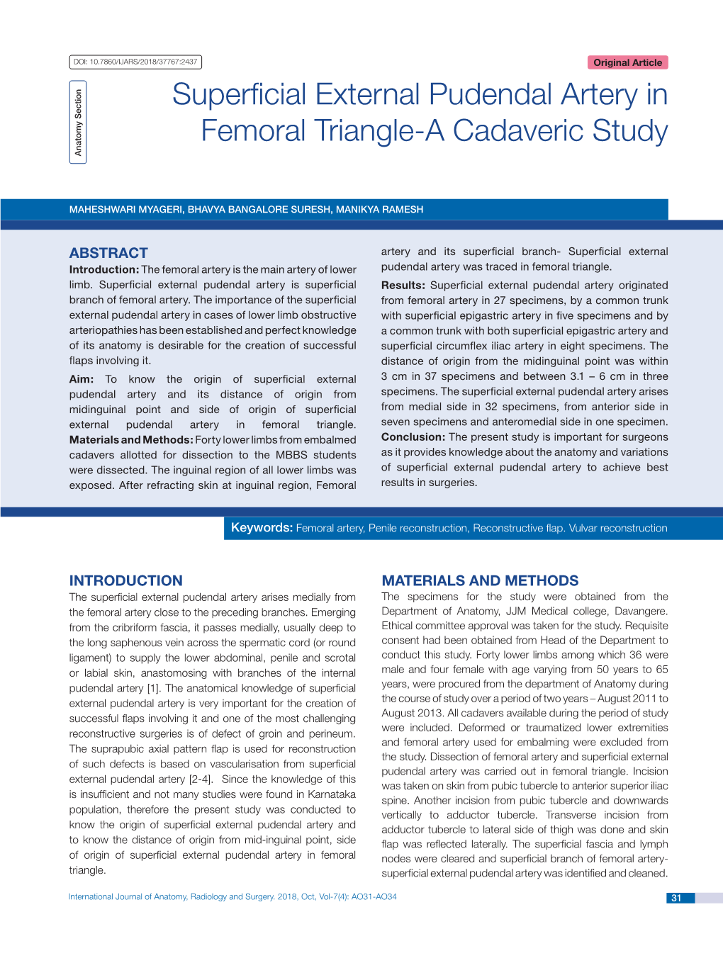 Superficial External Pudendal Artery in Femoral Triangle-A Cadaveric Study Anatomy Section