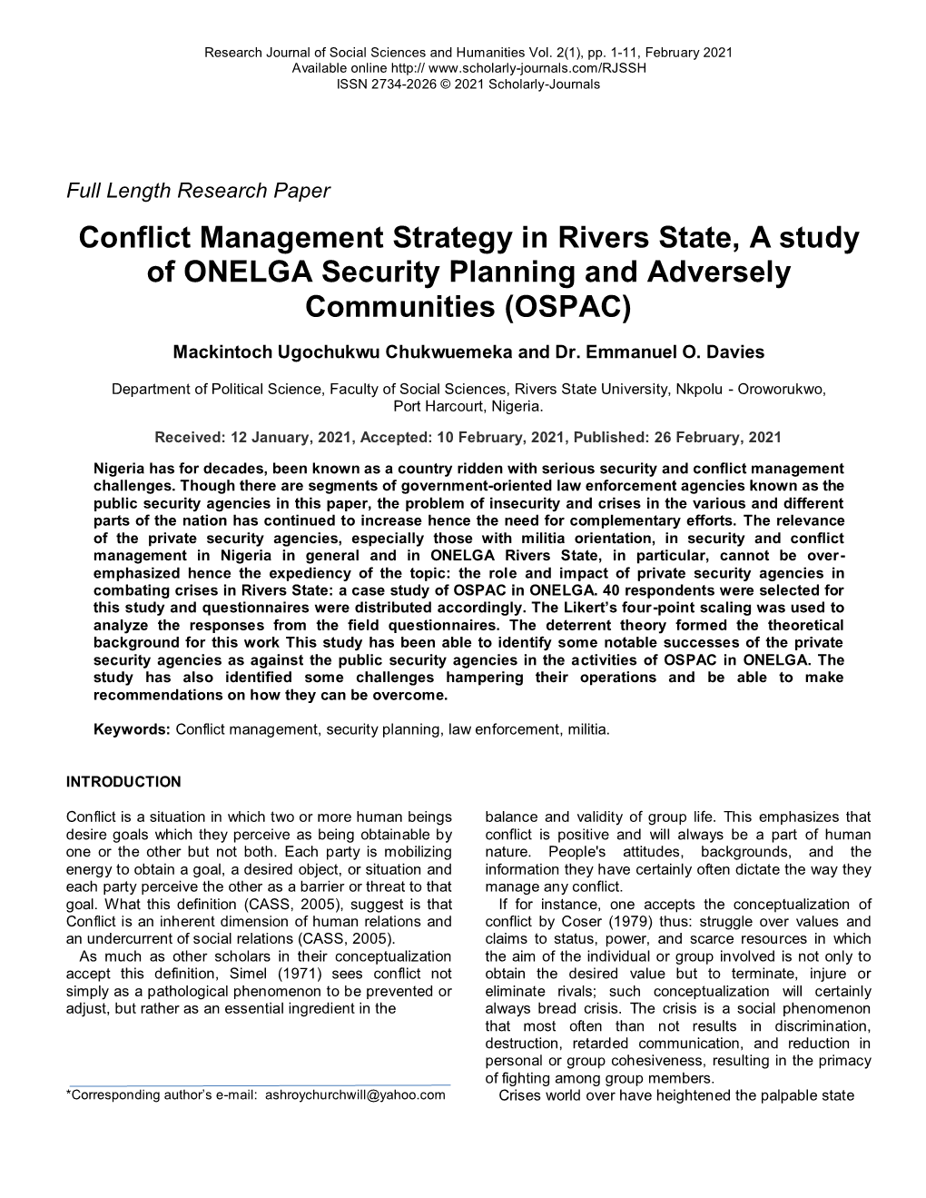 Conflict Management Strategy in Rivers State, a Study of ONELGA Security Planning and Adversely Communities (OSPAC)