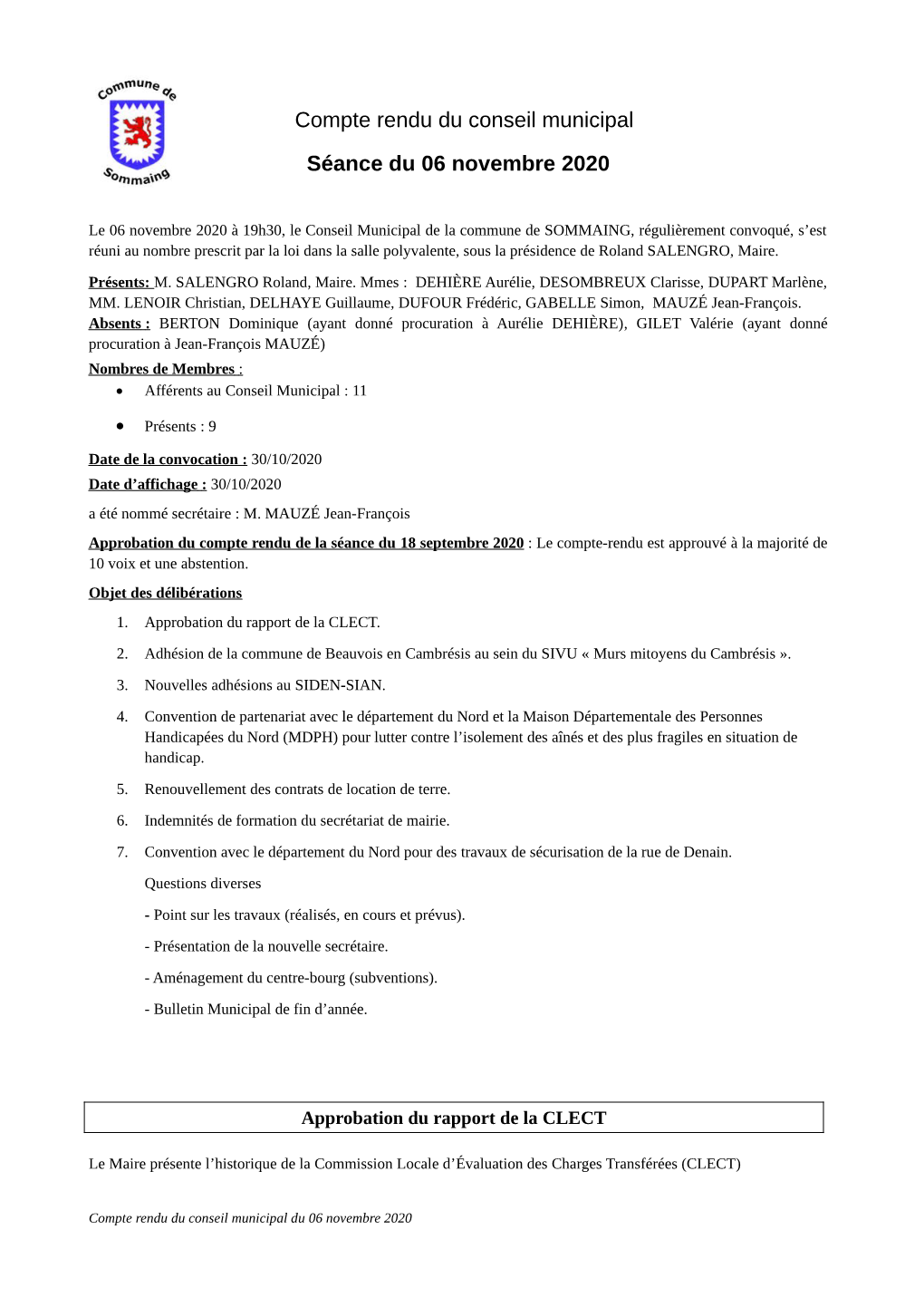 Compte Rendu Du Conseil Municipal Séance Du 06 Novembre 2020