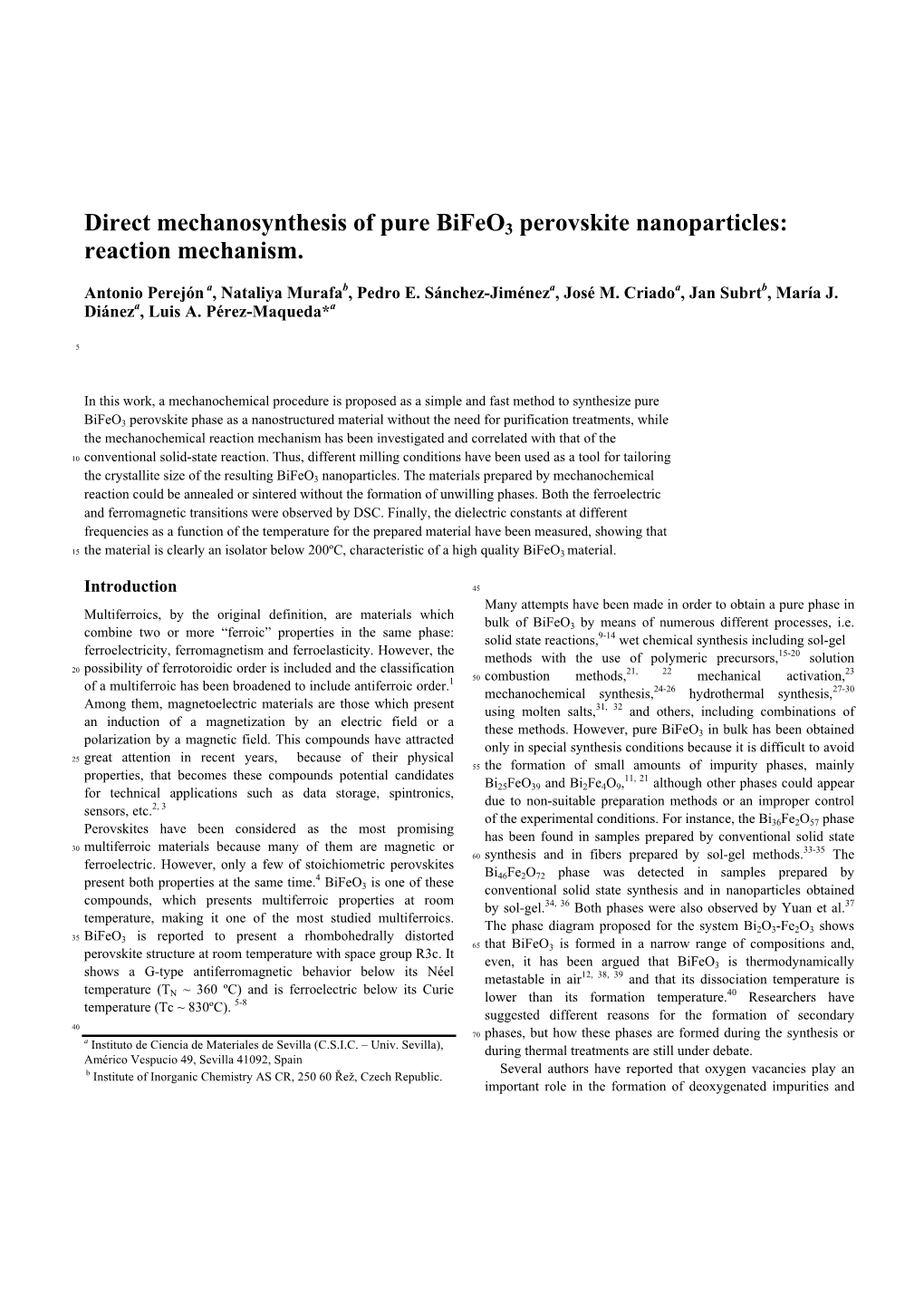 Direct Mechanosynthesis of Pure Bifeo3 Perovskite Nanoparticles: Reaction Mechanism