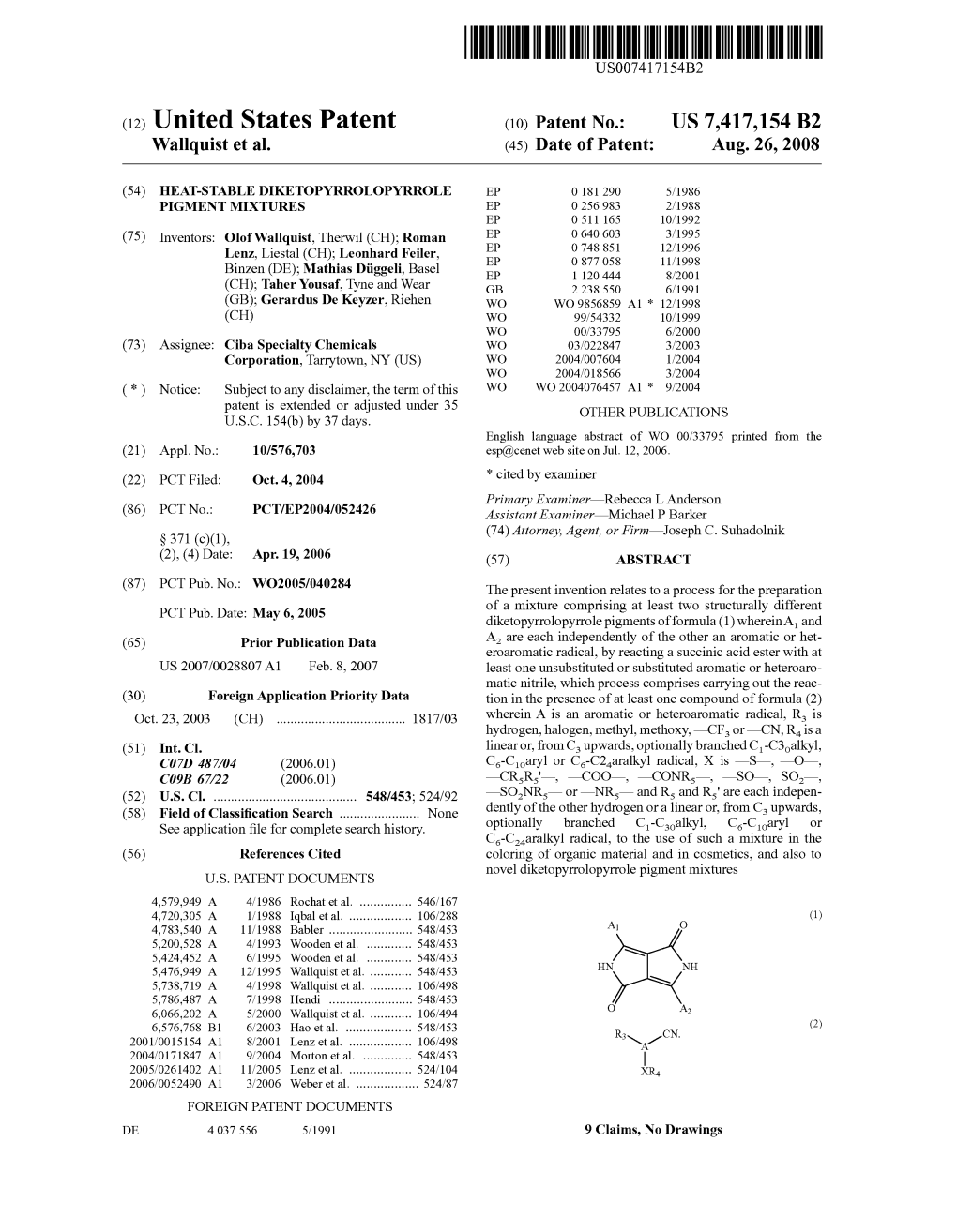 (12) United States Patent (10) Patent No.: US 7417,154 B2 Walloquist Et Al