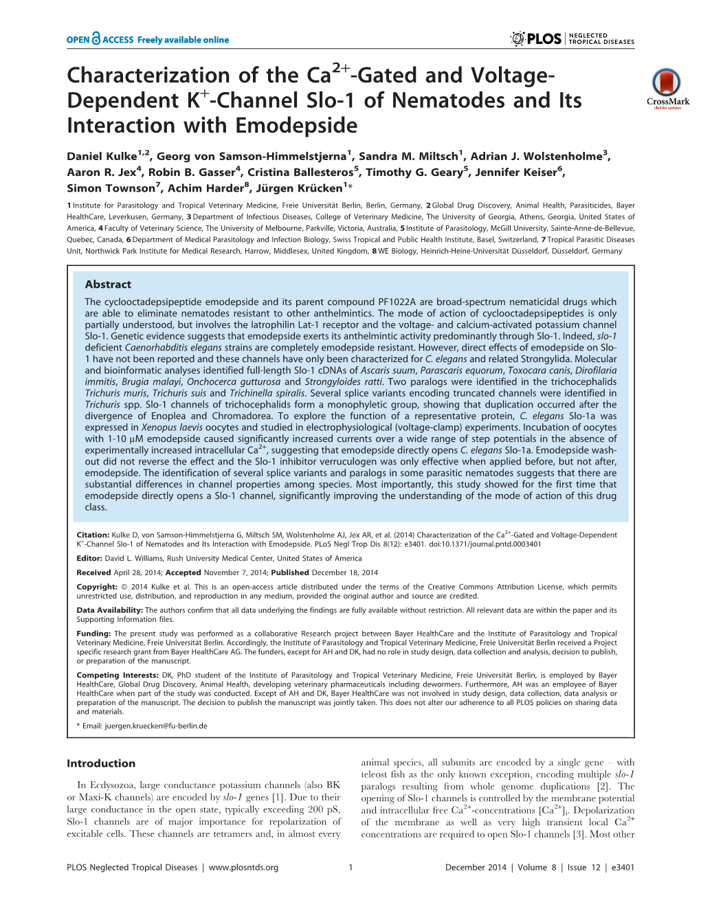 Channel Slo-1 of Nematodes and Its Interaction with Emodepside